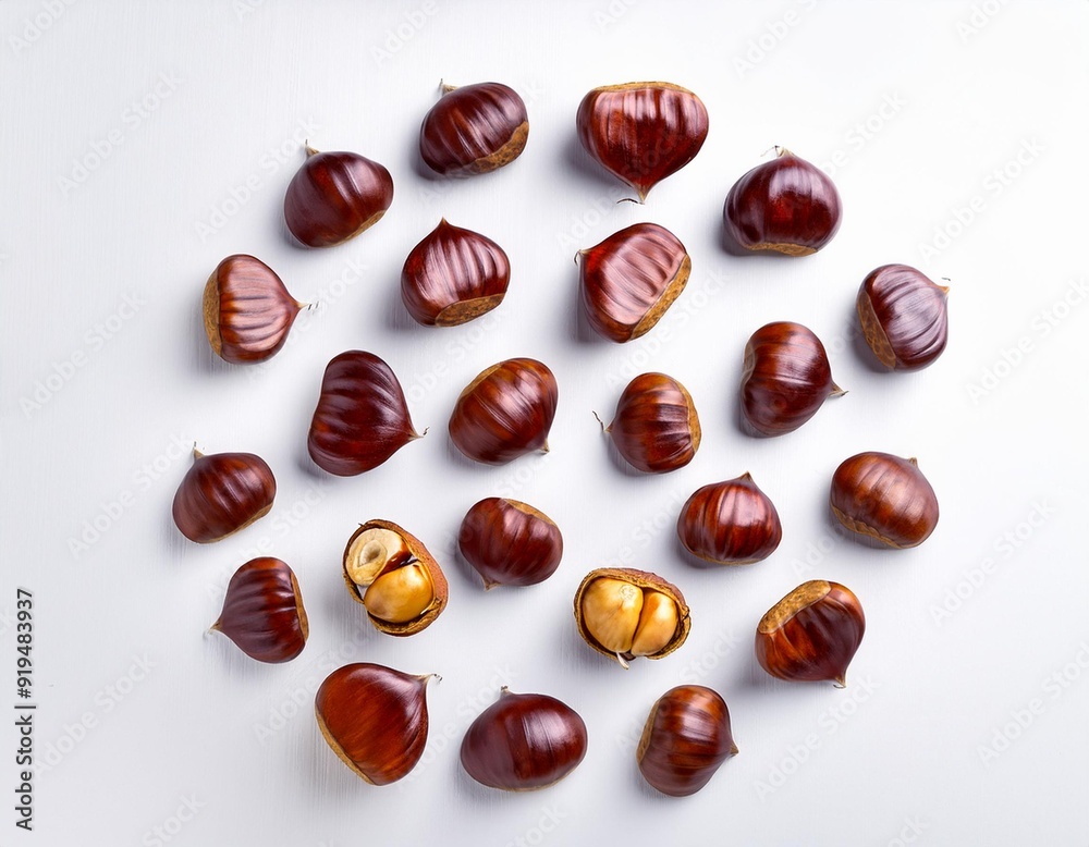 Chestnut Pattern. Ripe sweet Chestnuts isolated on white background. Christmas food. Top view. Flat lay Chestnut Pattern. Ripe sweet Chestnuts isolated on white background. Christmas food. Top view. Flat lay