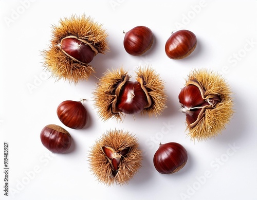 Chestnut Pattern. Ripe sweet Chestnuts isolated on white background. Christmas food. Top view. Flat lay