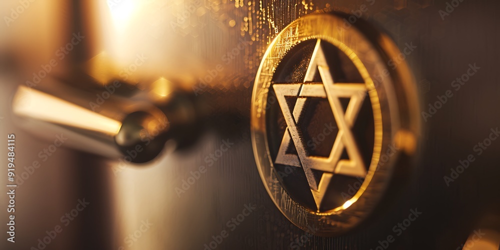 Closeup of a Star of David engraved on a mezuzah symbolizing Jewish ...