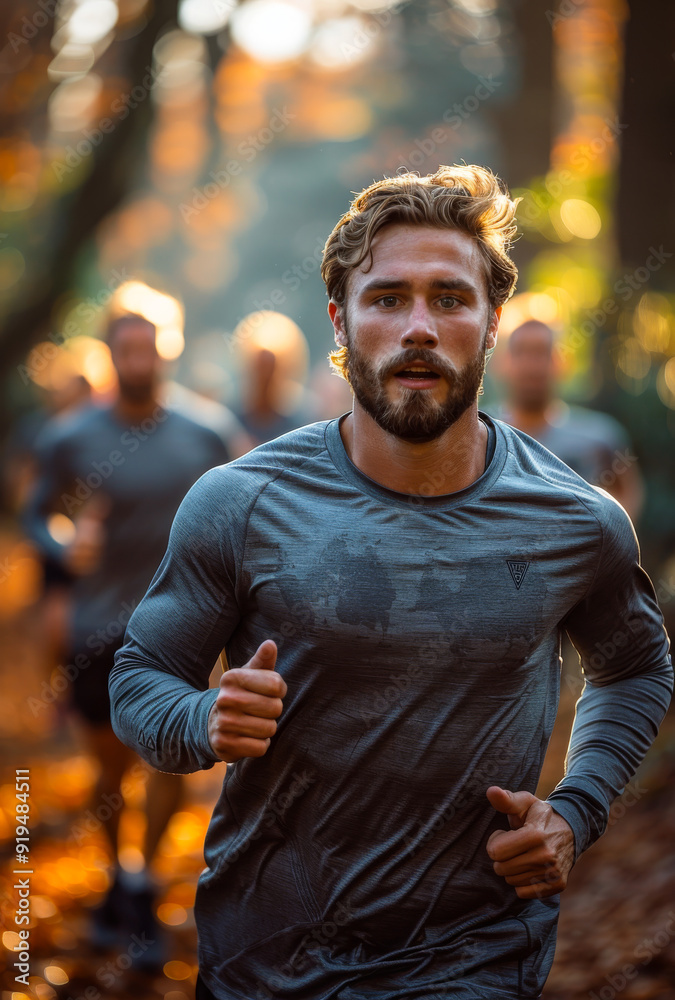 Man running in a forest during autumn with fellow runners. A man jogs through a colorful autumn forest while others run behind him Man running in a forest during autumn with fellow runners. A man jogs through a colorful autumn forest while others run behind him