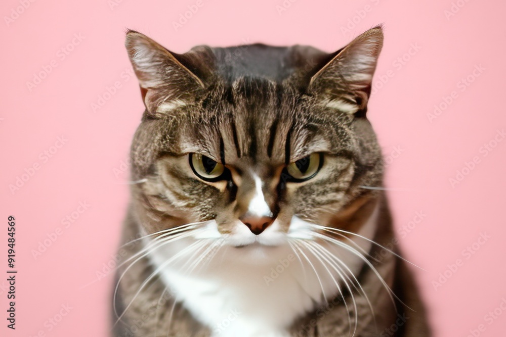 Close-up of a serious cat with striking eyes against a pink background, showcasing its unique personality and expressive features. Close-up of a serious cat with striking eyes against a pink background, showcasing its unique personality and expressive features.