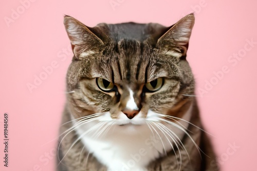 Close-up of a serious cat with striking eyes against a pink background, showcasing its unique personality and expressive features.