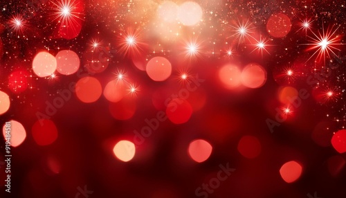 Christmas abstract red lights background. Festive xmas abstract background with bokeh defocused lights and stars. Card or invitation for your design.