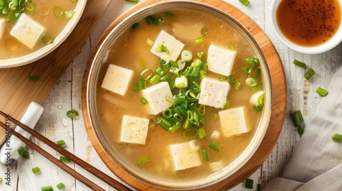 Delicious homemade miso soup with tofu and green onions served in a bowl, perfect for a healthy and comforting meal.