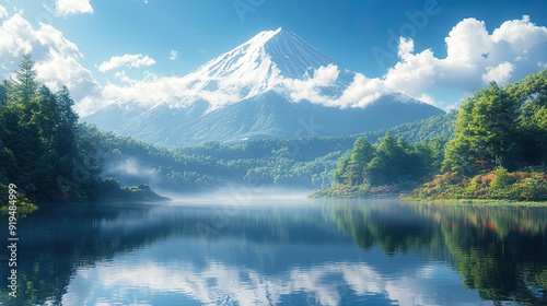 Mount Fuji towering over a serene lake, with sparkling morning mist.