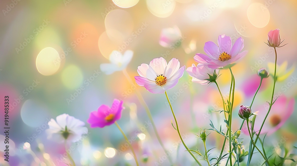 summer flowers on Blurred background with soft pastel colors, bokeh effect, pink green yellow white summer flowers on Blurred background with soft pastel colors, bokeh effect, pink green yellow white