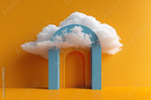 3d render of cloud in light tan background with purple arch door minimalistic photo