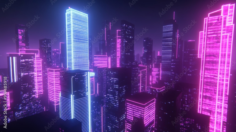 The cityscape features blue and pink neon lights and advanced skyscrapers at night. The cityscape features blue and pink neon lights and advanced skyscrapers at night.