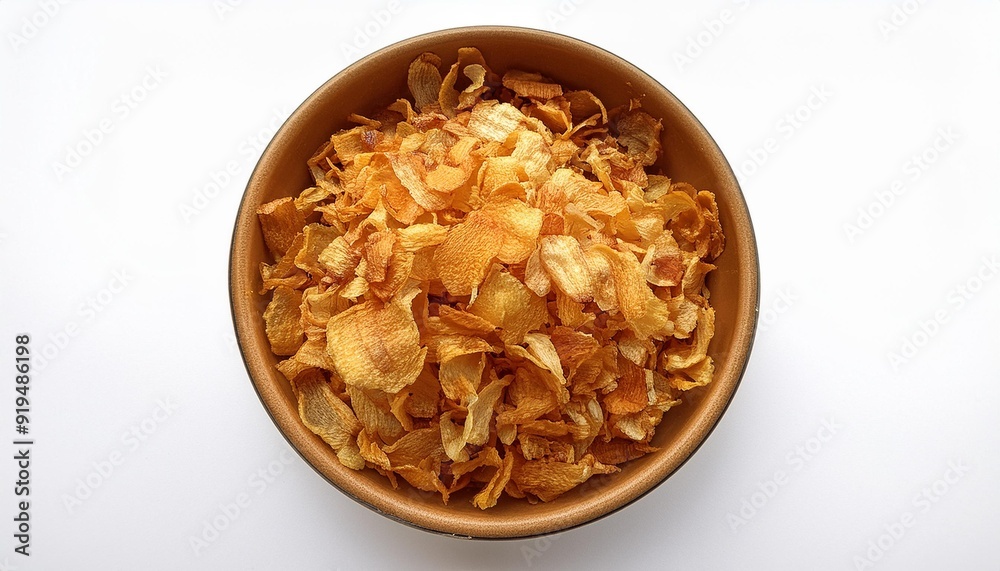 Crispy fried onion flakes in a bowl isolated on white background. Crunchy Scattered Dry Onion Pieces close up. Crispy fried onion flakes in a bowl isolated on white background. Crunchy Scattered Dry Onion Pieces close up.