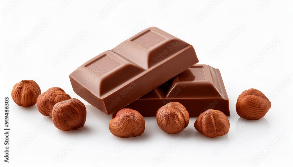 Cubes of milk chocolate bar with hazelnuts isolated on white background. Side view. Cubes of milk chocolate bar with hazelnuts isolated on white background. Side view.