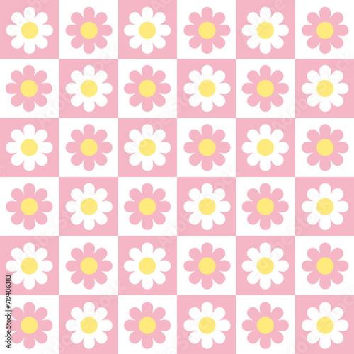 Retro checkerboard groovy seamless pattern with daisy flowers on a pink checkered background. Cute colorful trendy vector illustration in style 70s, 80s for surface design.