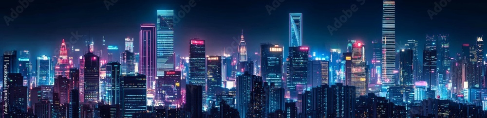 Night scene with visionary skyscrapers in a sci-fi city skyline with blue and pink neon lights. Night scene with visionary skyscrapers in a sci-fi city skyline with blue and pink neon lights.