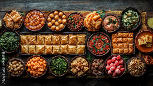 A flat lay of a festive Ramadan dessert spread photo