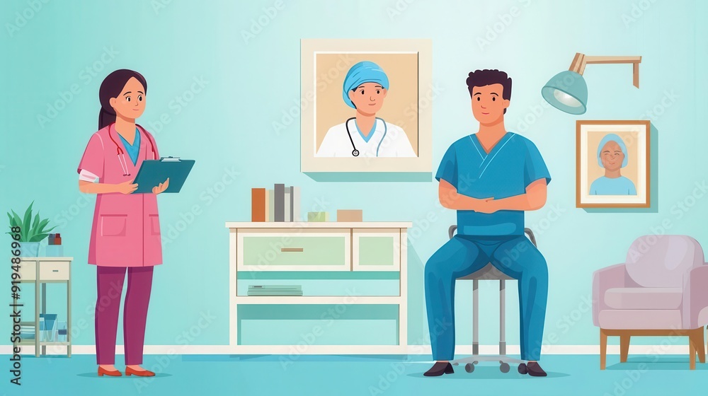 A detailed illustration of a presurgery counseling session, where a plastic surgeon explains the procedure and manages patient expectations A detailed illustration of a presurgery counseling session, where a plastic surgeon explains the procedure and manages patient expectations