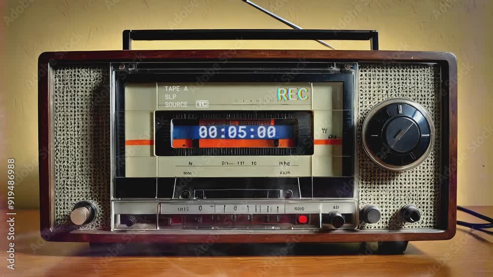 Close-up of a vintage radio with cassette tape player showing time and classic design elements. Retro technology concept. Seamless looping 4k time-lapse virtual video background