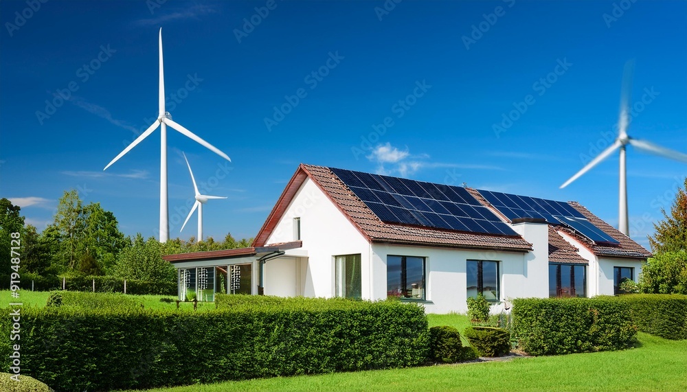 ecofriendly family home with rooftop solar panels and wind turbines in the background set in a lush green landscape under a bright blue sky ecofriendly family home with rooftop solar panels and wind turbines in the background set in a lush green landscape under a bright blue sky