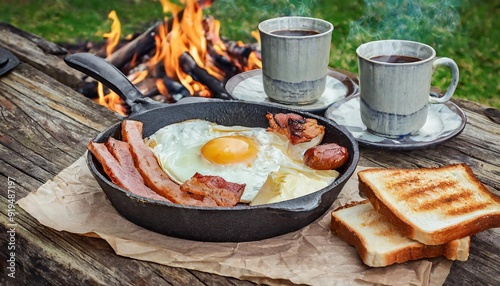 Classic Campfire Breakfast- Camping outdoor scene featuring a classic camping breakfast cooked over a campfire - eggs, bacon and enamel mugs with coffee. Graphic art illustration