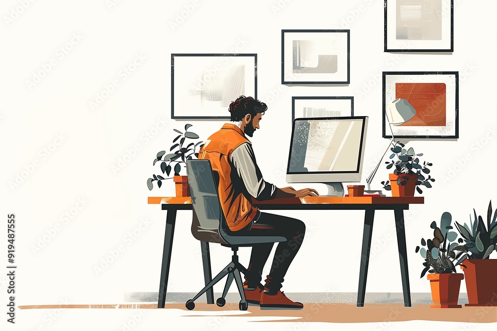 Man Working at Home Office Desk with Plants and Minimalist Decor Man Working at Home Office Desk with Plants and Minimalist Decor
