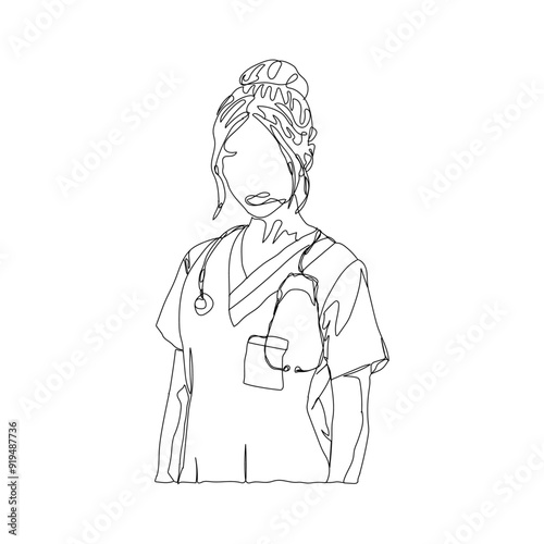 dessin en ligne continue d'une femme médecin, line art, vecteur