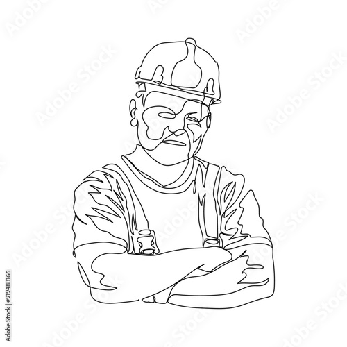 dessin en ligne continue d'un travailleur du bâtiment, line art, vecteur