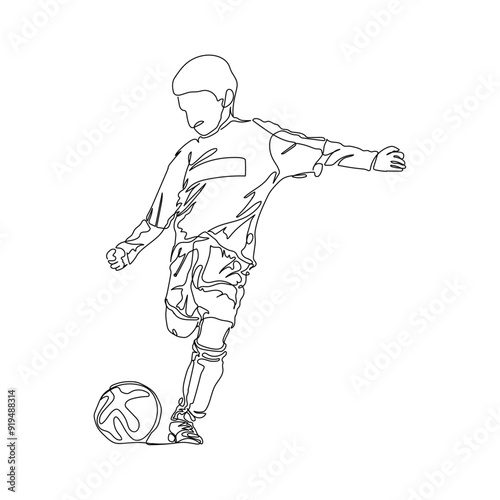 dessin en ligne continue d'un enfant tapant avec son pied dans un ballon de football (soccer), line art, vector