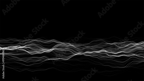 Black futuristic moving wave. Digital background with moving glowing particles. Big data visualization. Vector illustration.