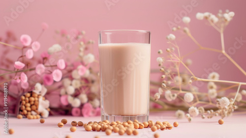 Glass of soy milk on pink background surrounded by twigs and soybeans. Plant-based vegan milk, alternative product. Healthy organic nutrition photo