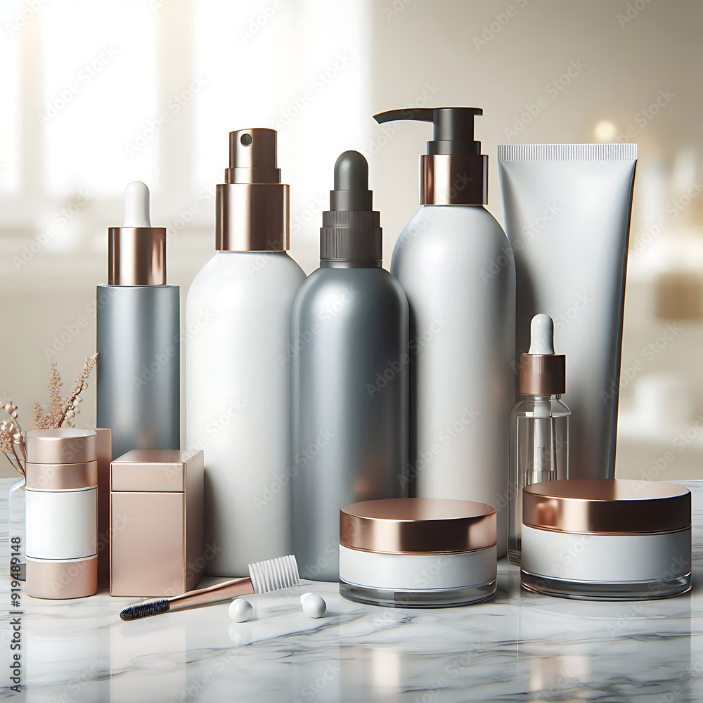 A high-resolution realistic cosmetic bottles composition blank mockup. A high-resolution realistic cosmetic bottles composition blank mockup.