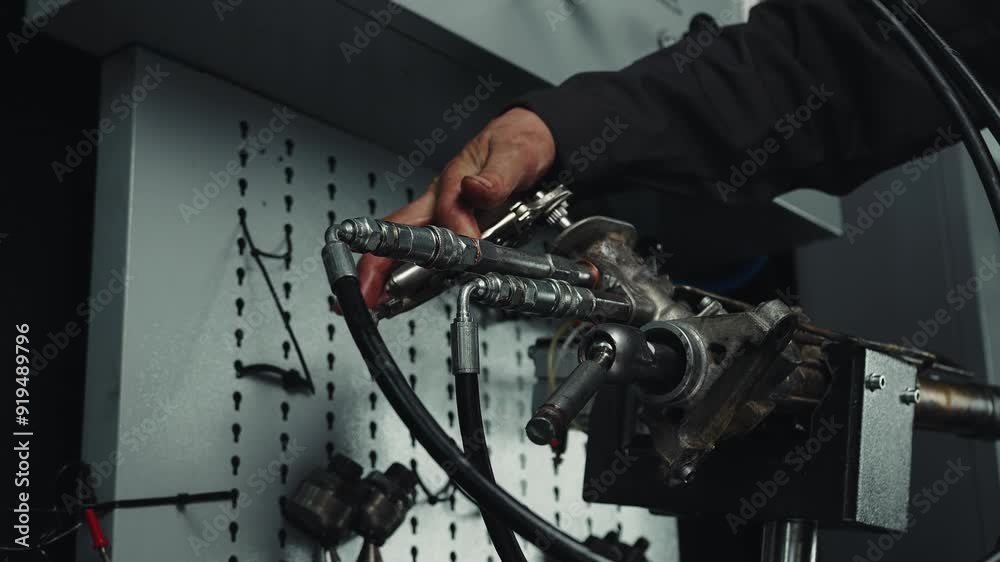 Mechanic carries out maintenance steering tie rod on a specialized machine in a car repair shop