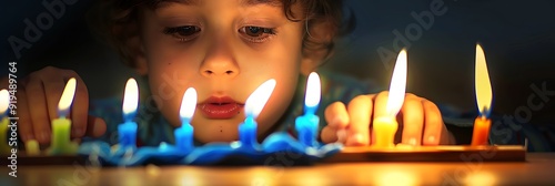 Child lighting Hanukkah menorah shamash candle captured using high dynamic range HDR technique enhance candle's glow and the child's expression bringing out the warmth and spirituality of the moment photo