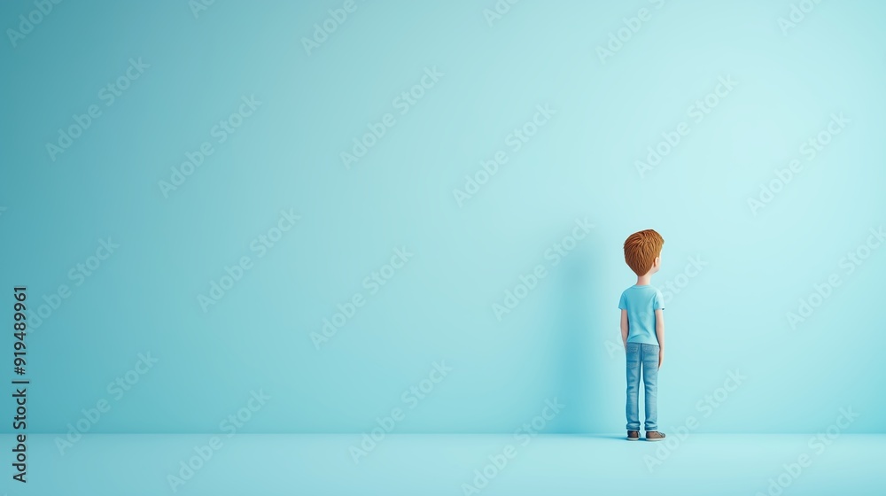 A young boy stands quietly against a light blue wall in a minimalist room A young boy stands quietly against a light blue wall in a minimalist room