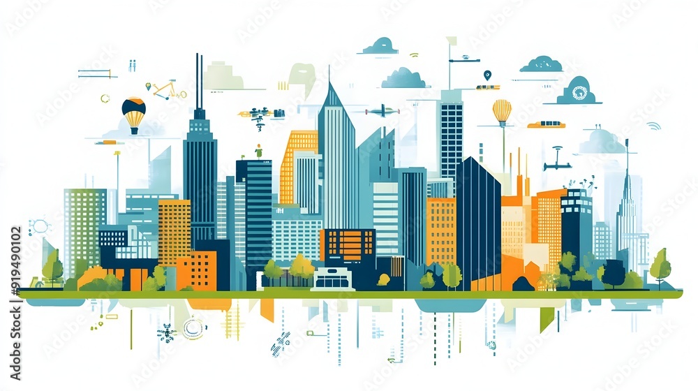Vibrant Cityscape with Towering Skyscrapers,Bridges,and Reflection on the Water Vibrant Cityscape with Towering Skyscrapers,Bridges,and Reflection on the Water
