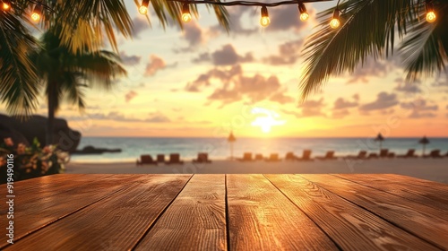 Tropical summer sunset beach bar background. Empty stage of wooden table top product showcase. The generation of AI