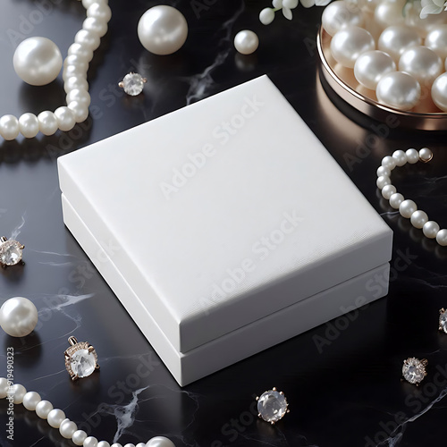 A high-resolution realistic pearl white jewelry box blank mockup placed on a shiny black marble countertop with subtle pearly jewels aesthetics.