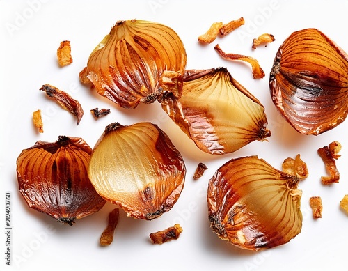 Flying Roasted Onions pieces isolated on white background. Cryspy fried onions Top view. Flat lay. photo