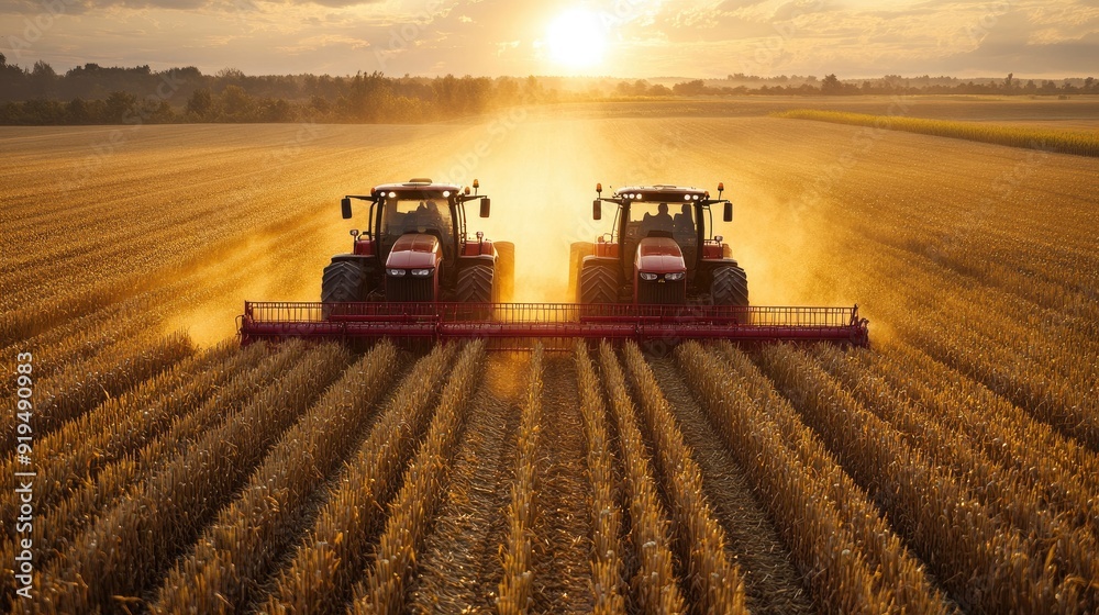 Fototapeta premium Tractors harvesting crops in golden field