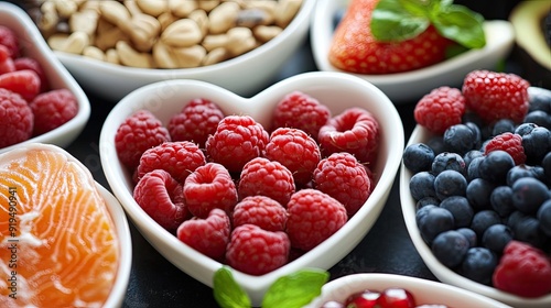 Nutritional heart-healthy foods displayed in a heart-shaped dish, perfect for promoting wellness and cholesterol-friendly diets, with space for advertising.