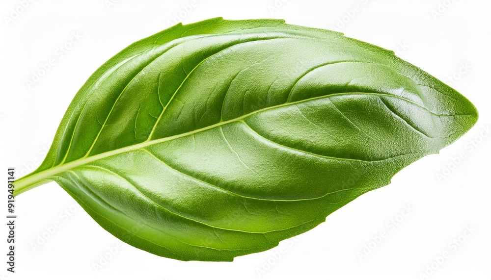 Fototapeta premium Fresh flying basil leaf isolated on white background. Perfect Basilic leaves macro.