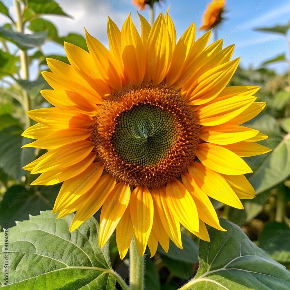 Fototapeta premium A Captivating Bold Sunflower with Lush Green Leaves Perfect for Nature and Gardening Enthusiasts