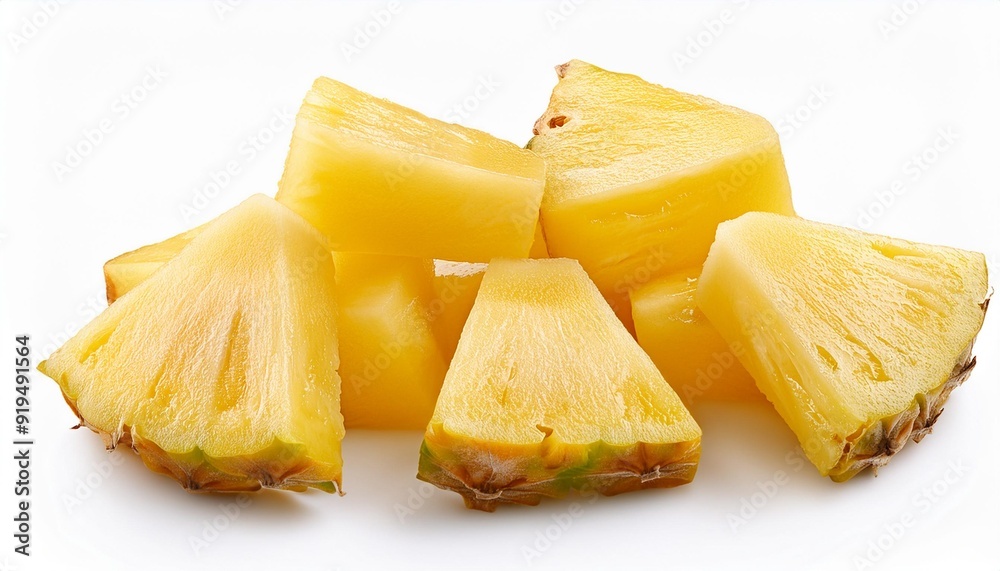 Fresh pineapple cube slices isolated on the white background. Pineapple chunks close up. Fresh pineapple cube slices isolated on the white background. Pineapple chunks close up.