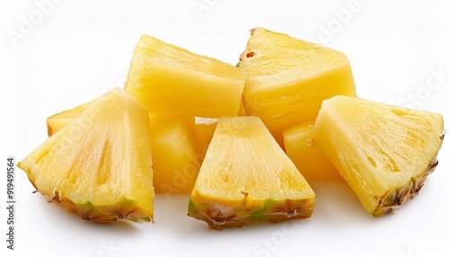 Fresh pineapple cube slices isolated on the white background. Pineapple chunks close up.