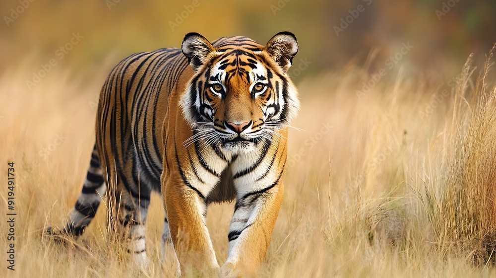 Fototapeta Majestic Tiger Prowling in Lush Savanna Grassland Habitat