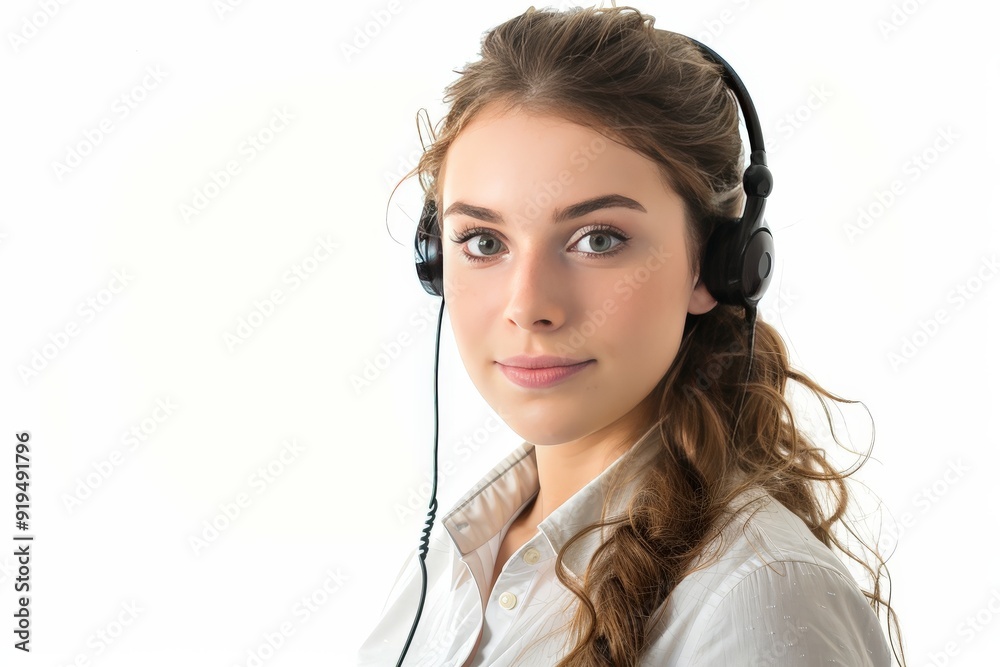 woman with headphone service center woman with headphone service center