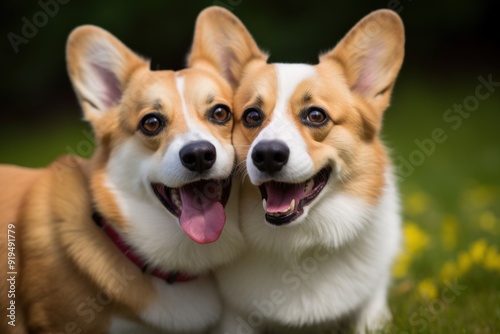 Two Welsh corgi dogs sitting in the grass and smiling at the camera.