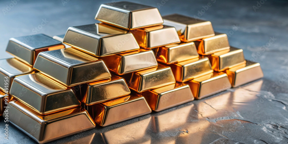 Gold bars shine brightly lit against a gray background. Gold bars shine brightly lit against a gray background.