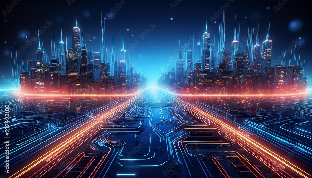 futuristic circuit board cityscape glowing neon pathways forming intricate skyline against dark backdrop digital data streams flow like traffic creating sense of bustling tech metropolis futuristic circuit board cityscape glowing neon pathways forming intricate skyline against dark backdrop digital data streams flow like traffic creating sense of bustling tech metropolis