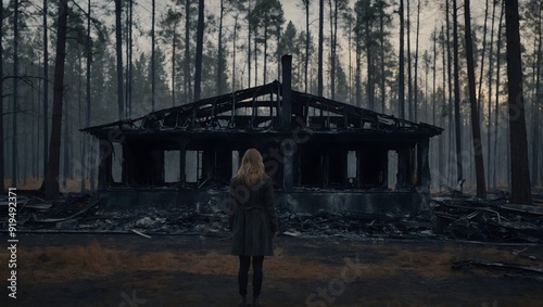 a woman in the forest front of a burned cottage