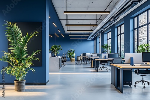Modern blue office interior with desks, chairs, plants, and windows.