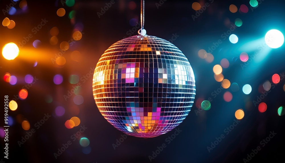 Fototapeta premium glamorous disco ball reflecting colorful lights suspended in dark space dynamic composition party atmosphere retro vibes dance floor energy