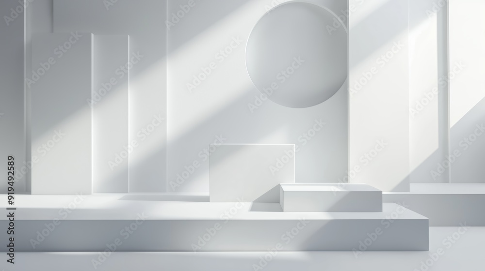 Fototapeta premium Modern minimalist studio space with geometric shapes and soft natural lighting during the afternoon